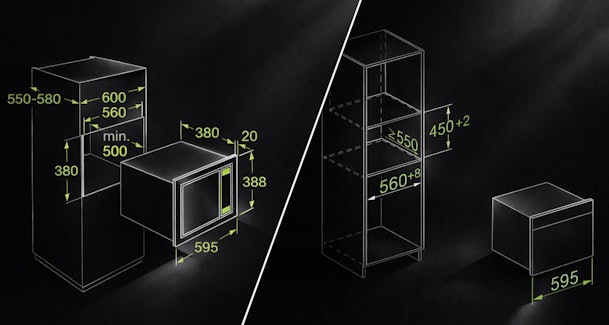 Technische maattekening nismaten inbouw magnetron 38 cm voor solo en 45 cm voor combimagnetron vergeleken