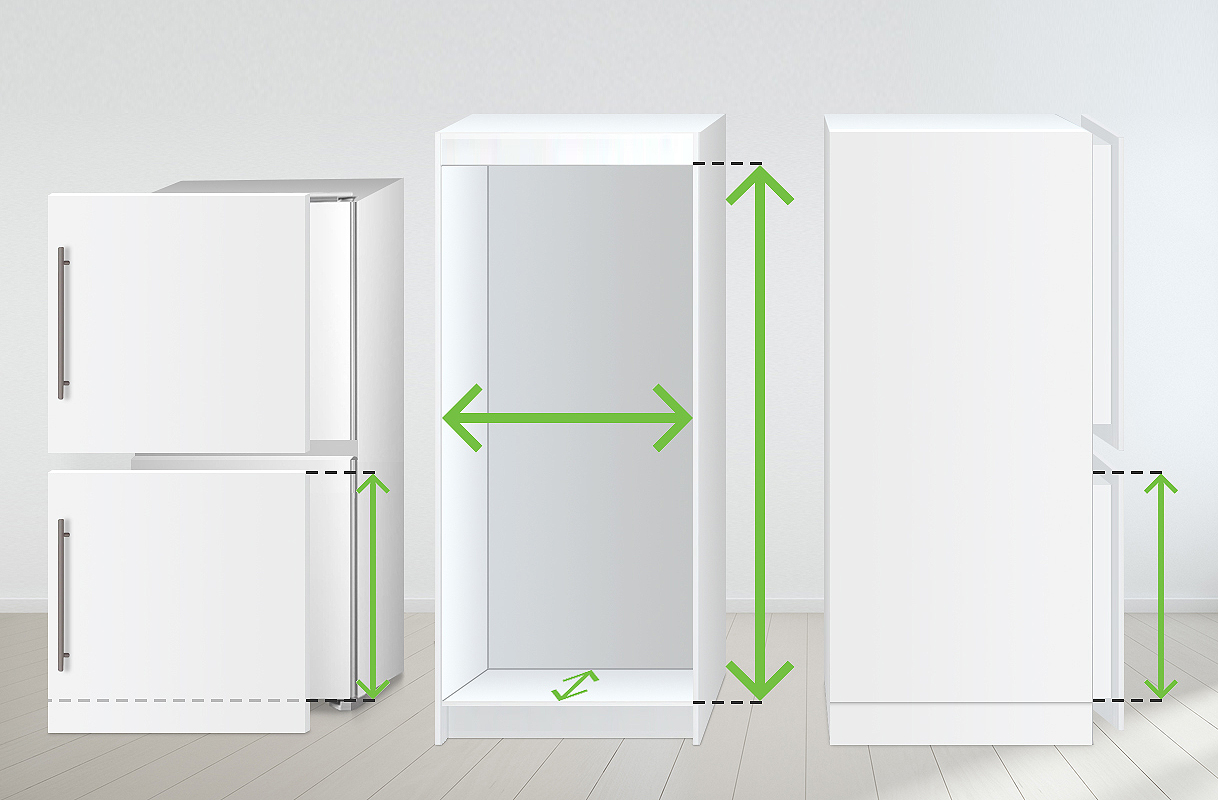 Illustratie van koelkastnismaten met hoogte, breedte en diepte gemarkeerd met groene pijlen