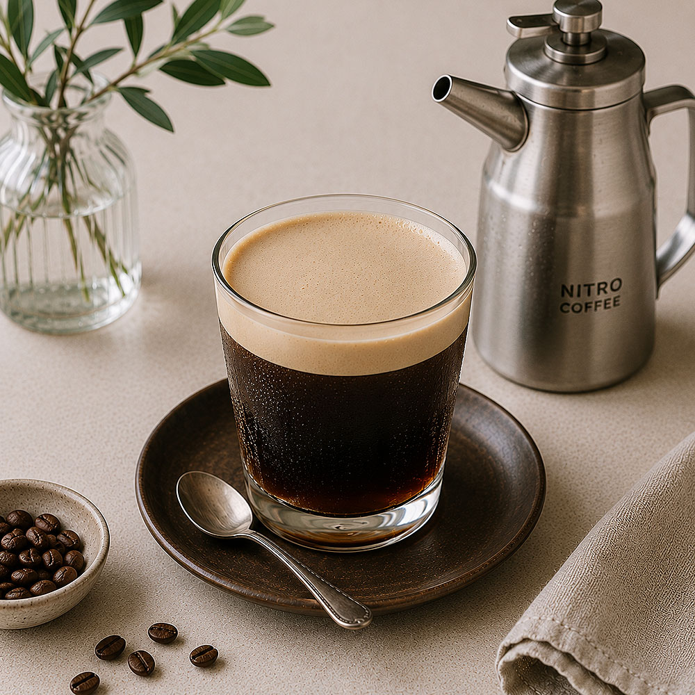 Nitro coffee met donkere cold brew en romige schuimlaag