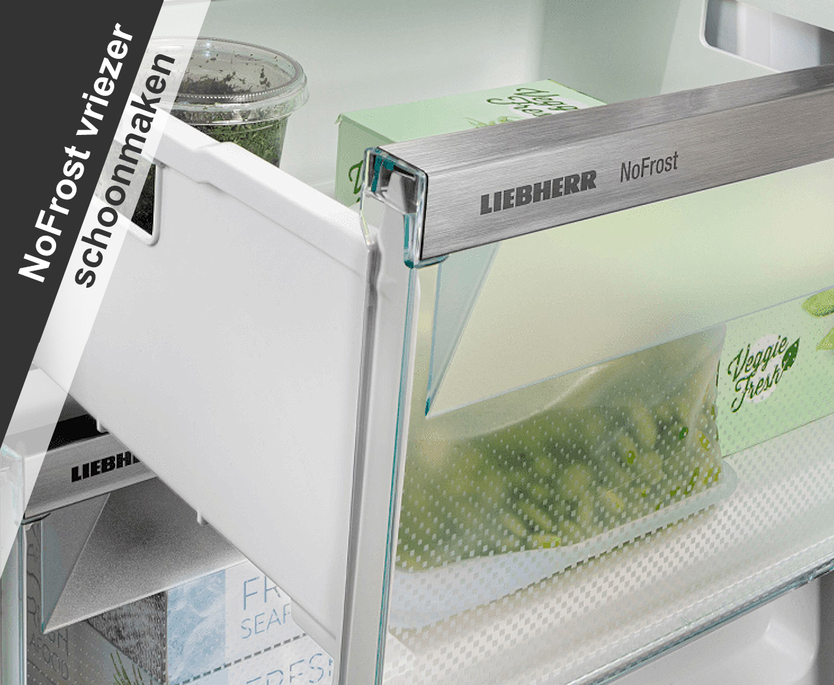 Open NoFrost-vriezerlade met zicht op schone binnenwanden en luchtkanalen