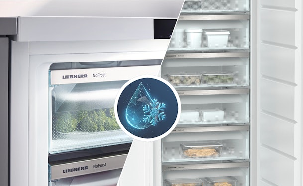 Detailfoto van een NoFrost-vriezer met meerdere lades, gecombineerd met een icoon dat vries- en vochtregulatie weergeeft.