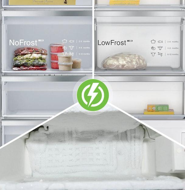 Vergelijking van NoFrost, LowFrost en statische vriezers met zichtbaar ijsvorming en energie-icoon