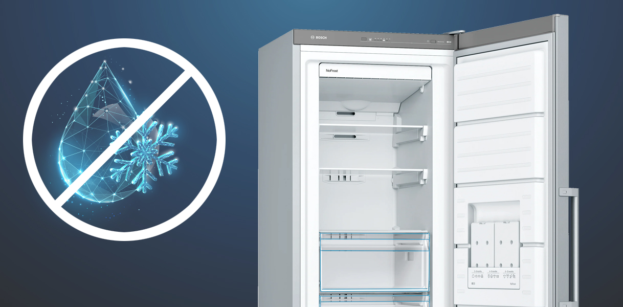 Afbeelding van een Bosch NoFrost vriezer met een digitaal symbool van een waterdruppel en sneeuwvlok, ter illustratie van het verschil tussen NoFrost en LowFrost bij milde temperaturen