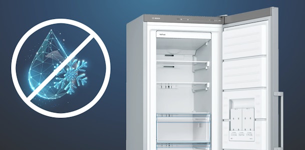 Afbeelding van een Bosch NoFrost vriezer met een digitaal symbool van een waterdruppel en sneeuwvlok, ter illustratie van het verschil tussen NoFrost en LowFrost bij milde temperaturen