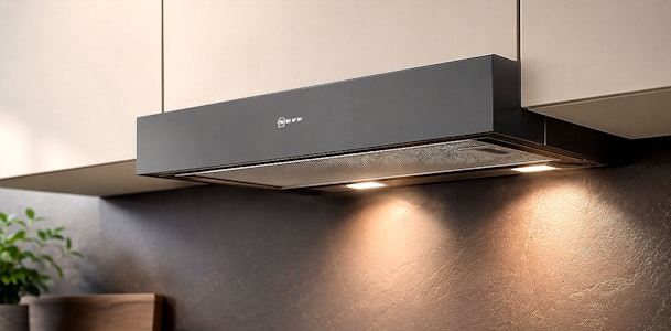 Onderbouw afzuigkap gemonteerd onder keukenkastje met verlichting boven kookplaat
