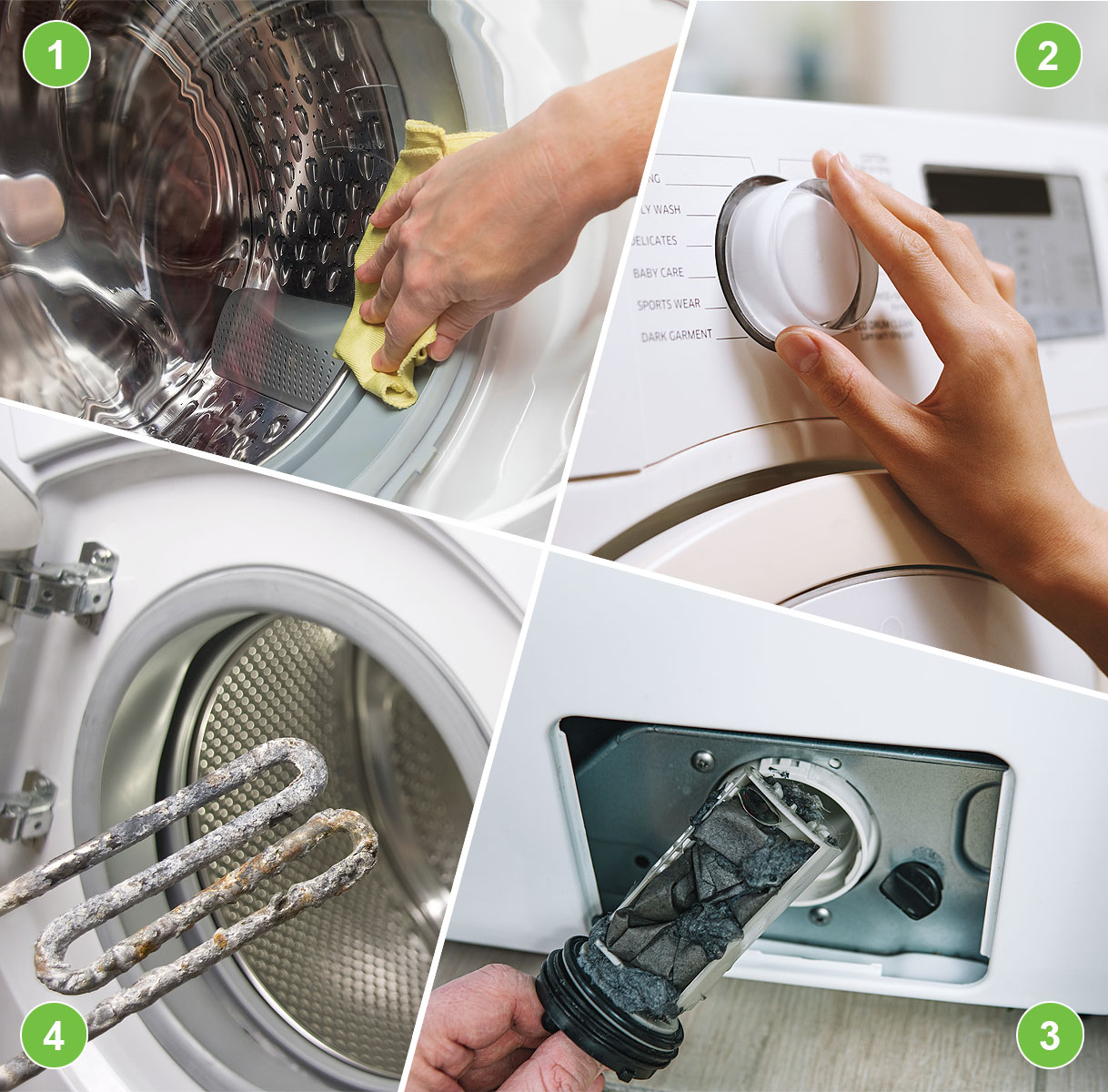 Collage van vier onderhoudstaken: manchet schoonmaken, programma instellen, filter controleren en verkalkt verwarmingselement