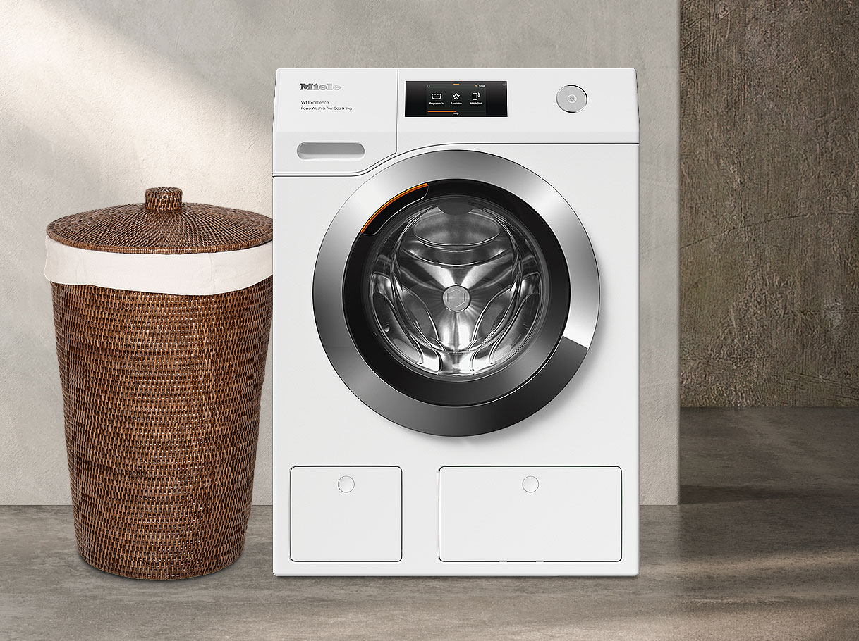 Miele wasmachine met overzicht van onderhoudsonderdelen en reinigingsfrequenties