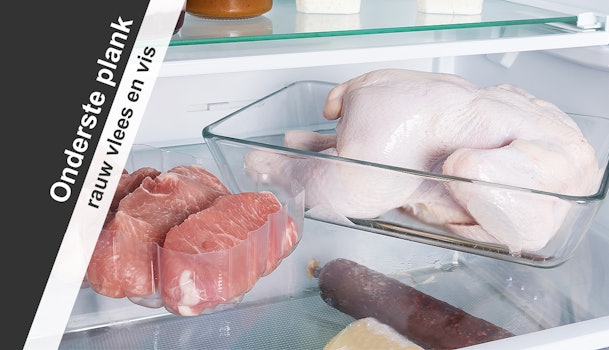 De onderste plank in de koelkast is de beste bewaarplek voor rauw vlees, vis en andere bederfelijke producten.