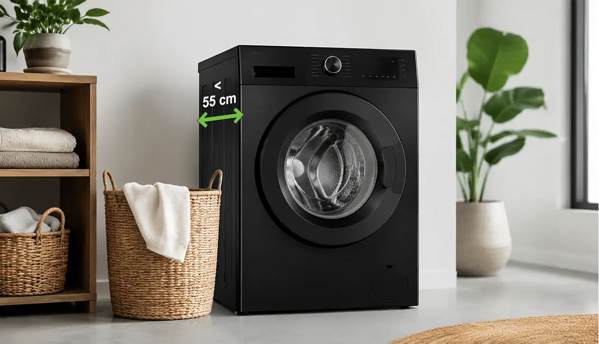 Zwarte ondiepe wasmachine van 55 cm diep in een moderne wasruimte, geschikt voor kleine ruimtes en smalle nissen.