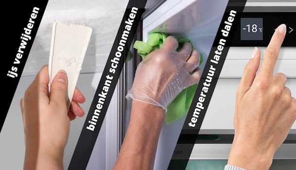 IJs verwijderen met kunststof gereedschap, de binnenkant schoonmaken en de vriezertemperatuur opnieuw instellen op -18 °C.
