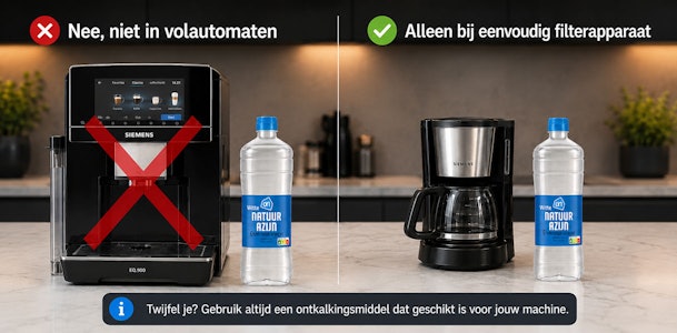 Natuurazijn naast een volautomatische koffiemachine en filterapparaat: niet geschikt voor een volautomaat, wel voor een eenvoudig filterapparaat