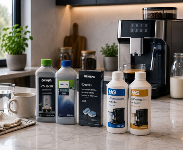Verschillende ontkalkers voor koffiemachines op een aanrecht naast een volautomatische koffiemachine