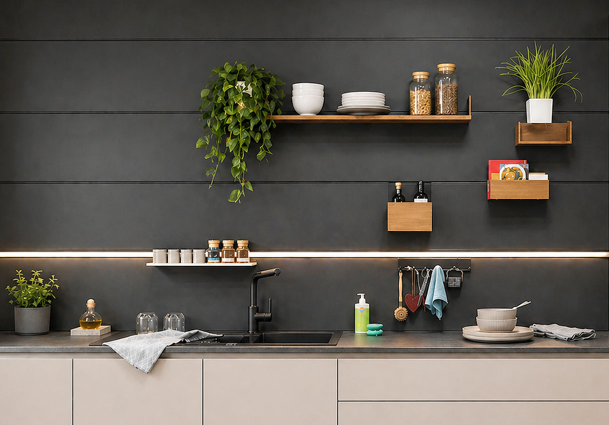 Open wandplanken en haakjes als opbergruimte in keuken zonder bovenkastjes