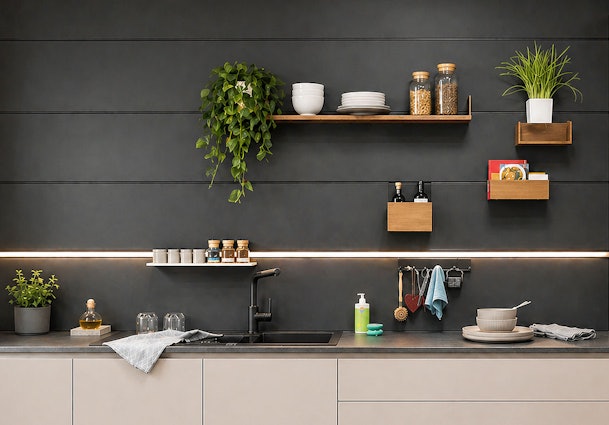 Open wandplanken en haakjes als opbergruimte in keuken zonder bovenkastjes