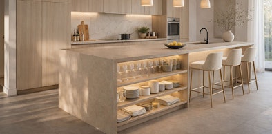 Kookeiland met bar en open opbergruimte onder het werkblad met glazen, servies en accessoires