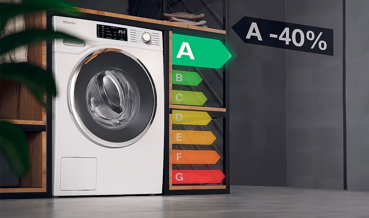 Miele 8 kg wasmachine naast energielabel met klassen A tot G