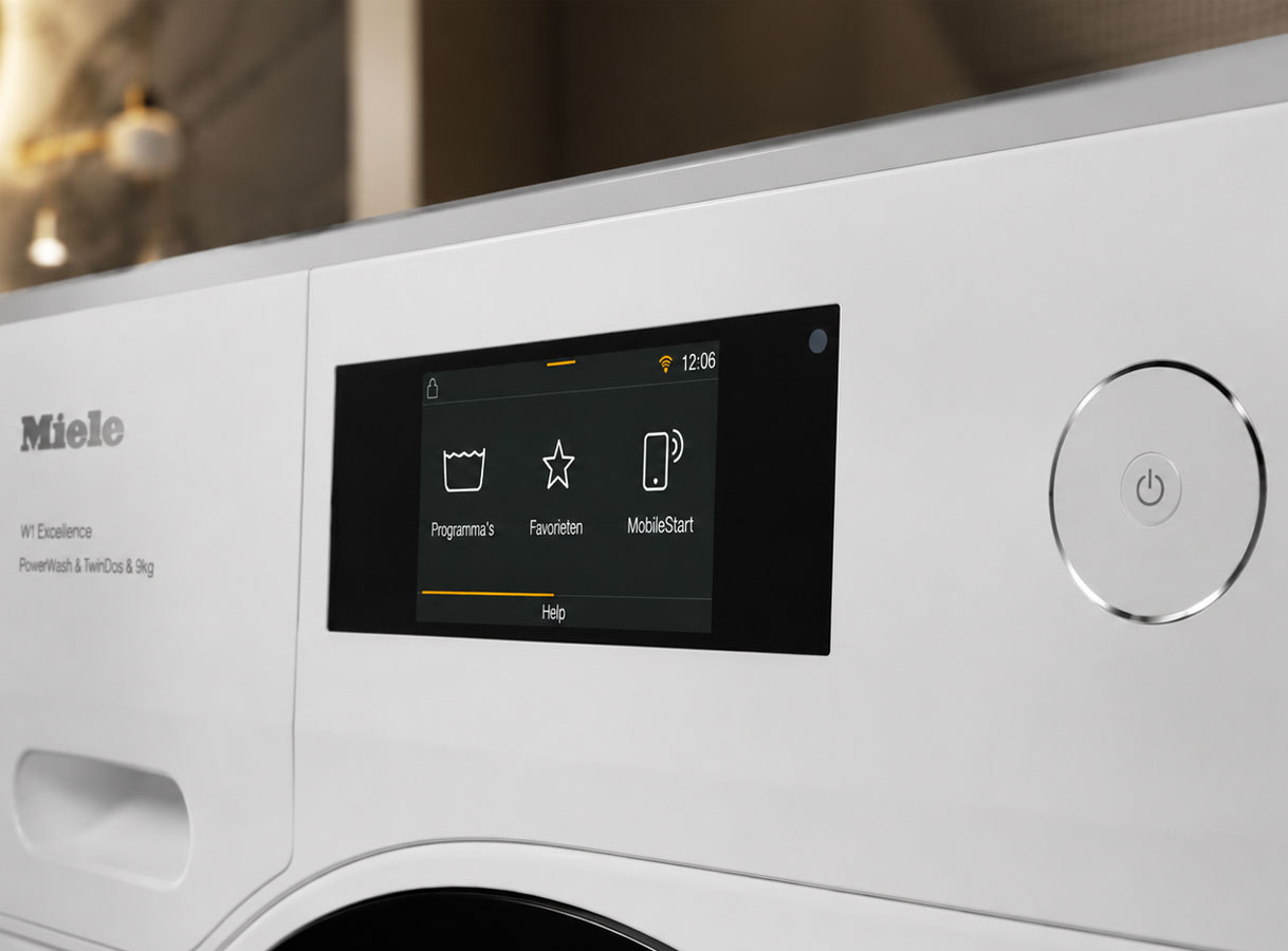 Display van een Miele 9 kg wasmachine met programma's, favorieten en MobileStart