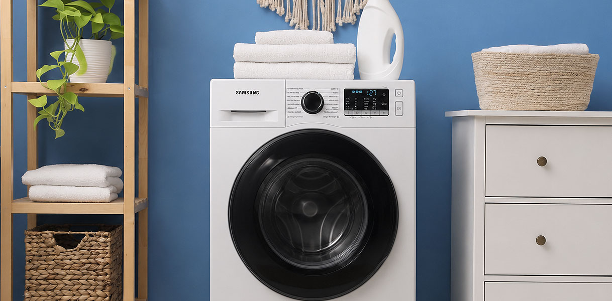 Witte Samsung wasmachine van 8 kg in een bijkeuken met wasgoed en manden