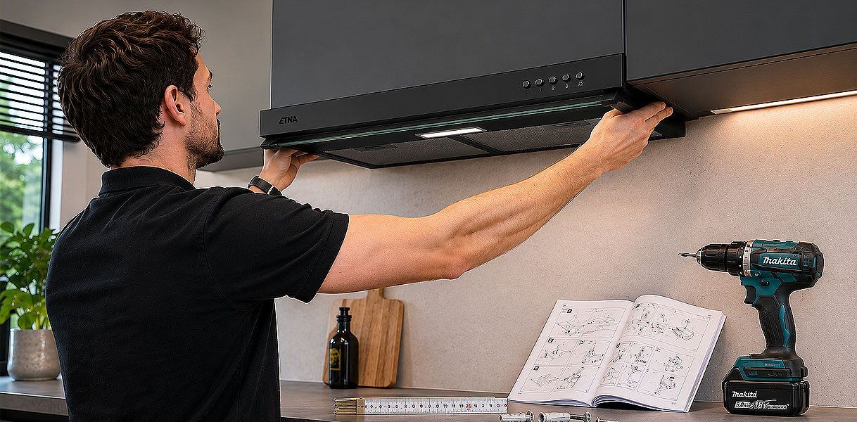 Man monteert zelf een onderbouw afzuigkap met boormachine en handleiding