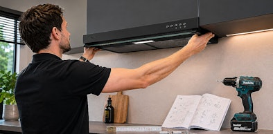 Man monteert zelf een onderbouw afzuigkap met boormachine en handleiding