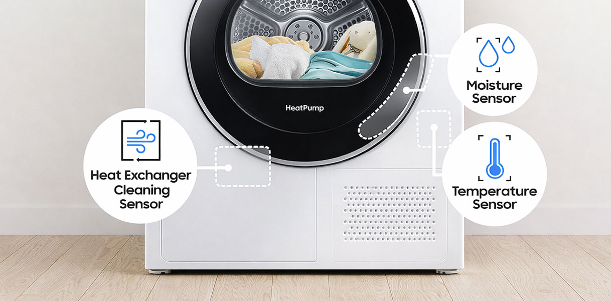 Samsung droger doorsnede met OptimalDry sensoren voor vochtmeting, temperatuurmeting en warmtewisselaar reiniging