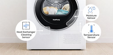 Samsung droger doorsnede met OptimalDry sensoren voor vochtmeting, temperatuurmeting en warmtewisselaar reiniging