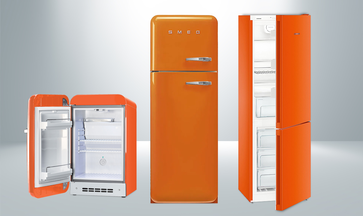 Oranje koekasten en oranjekleurige koel-vriescombinaties