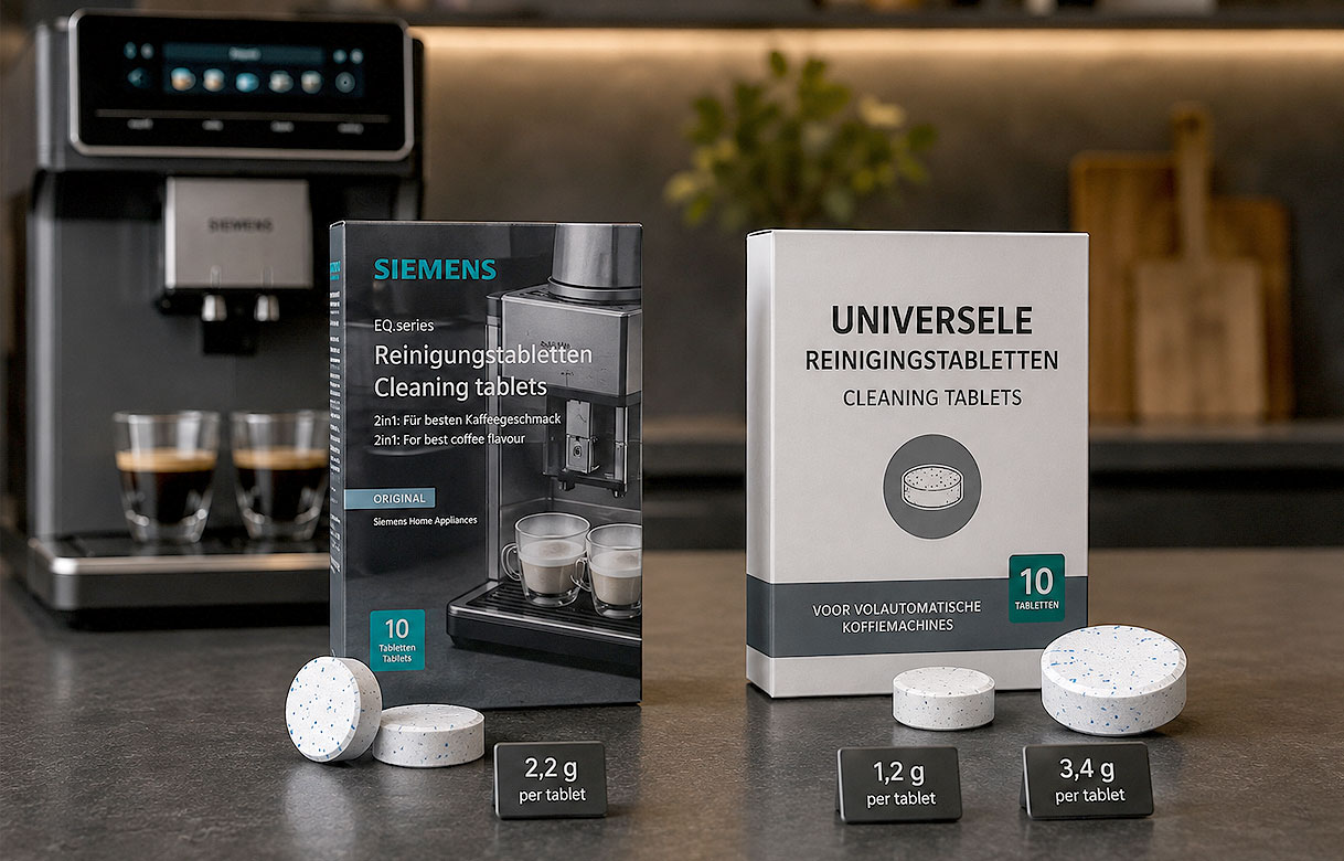 Originele Siemens reinigingstablet naast universele tabletten met gewichtsverschil per stuk zichtbaar