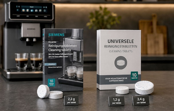 Originele Siemens reinigingstablet naast universele tabletten met gewichtsverschil per stuk zichtbaar