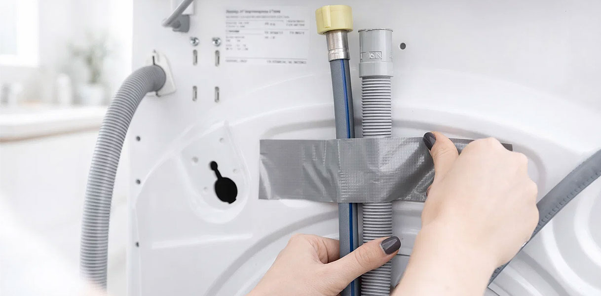 Slangen van wasmachine met ducttape vastzetten aan achterkant voor transport