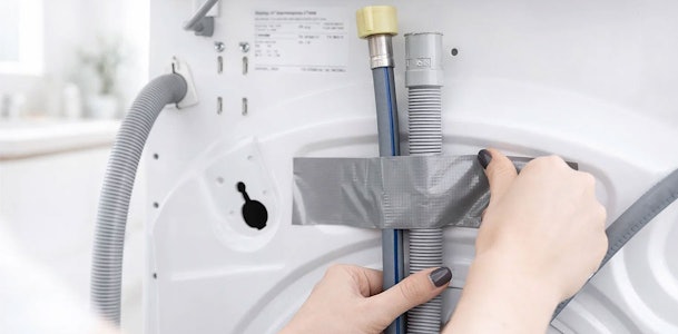 Slangen van wasmachine met ducttape vastzetten aan achterkant voor transport