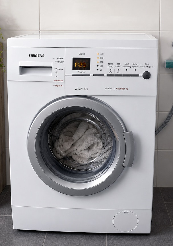 Oudere Siemens wasmachine met foutcode F23 op het display van het bedieningspaneel