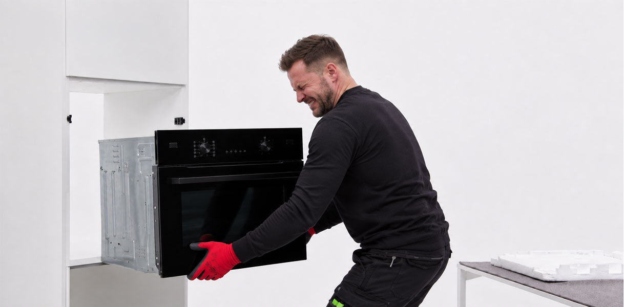 Man tilt in zijn eentje met moeite een zware oven uit een keukenkast