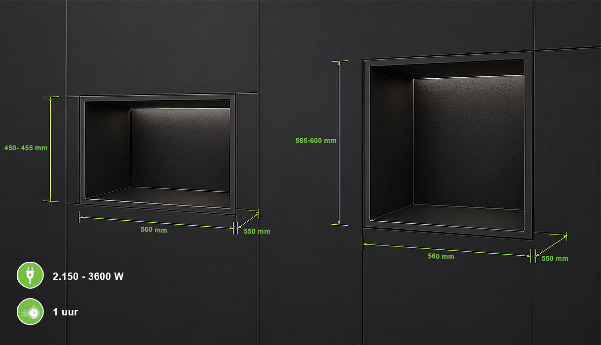 Nismaten voor een compacte en een volledige inbouwoven met hoogte breedte en diepte in millimeters