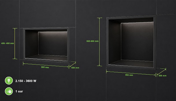 Nismaten voor een compacte en een volledige inbouwoven met hoogte breedte en diepte in millimeters