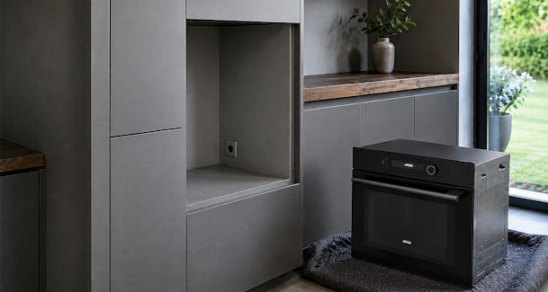 Nieuwe oven staat klaar naast de lege nis met stopcontact in een bestaande keuken