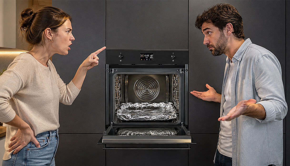 Stel discussieert bij open oven met aluminiumfolie op de bodem wat de warmtecirculatie verstoort