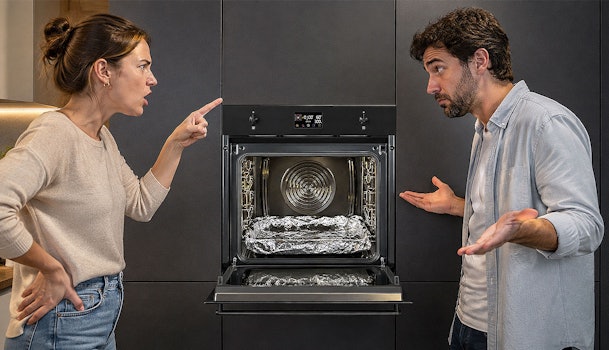 Stel discussieert bij open oven met aluminiumfolie op de bodem wat de warmtecirculatie verstoort