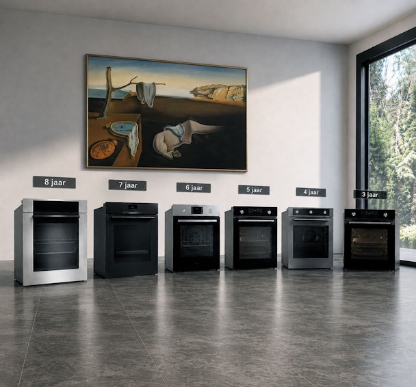 Zes ovens op een rij met oplopende levensduur per prijsklasse van drie tot acht jaar
