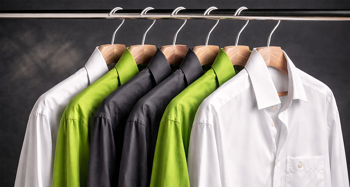Overhemden in wit groen en antraciet op hangers geschikt voor het overhemdenprogramma