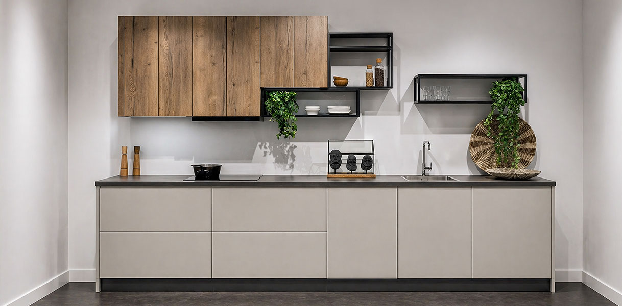 Rechte keuken met houten bovenkasten, beige onderkasten, zwarte open vakken en accessoires