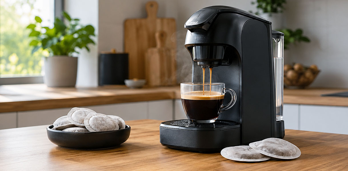 Padmachine zet een kop koffie met een schaal koffiepads ernaast op het aanrecht