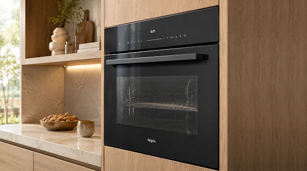 Pelgrim combi oven met magnetronfunctie ingebouwd in een houten kastenwand