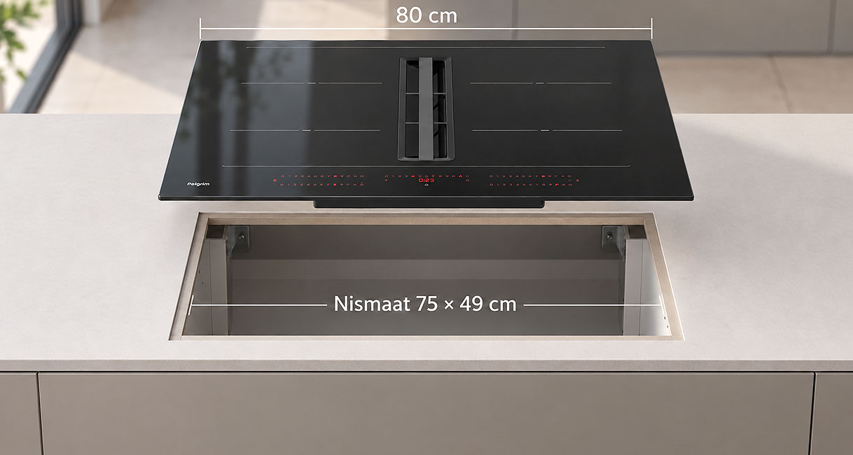 Pelgrim kookplaat met afzuiging van 80 cm boven uitsparing met nismaat van 75 bij 49 cm