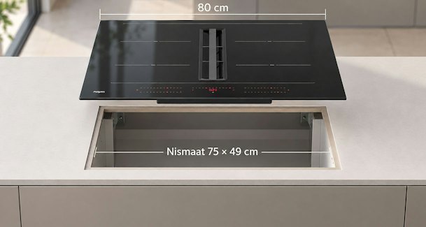Pelgrim kookplaat met afzuiging van 80 cm boven uitsparing met nismaat van 75 bij 49 cm