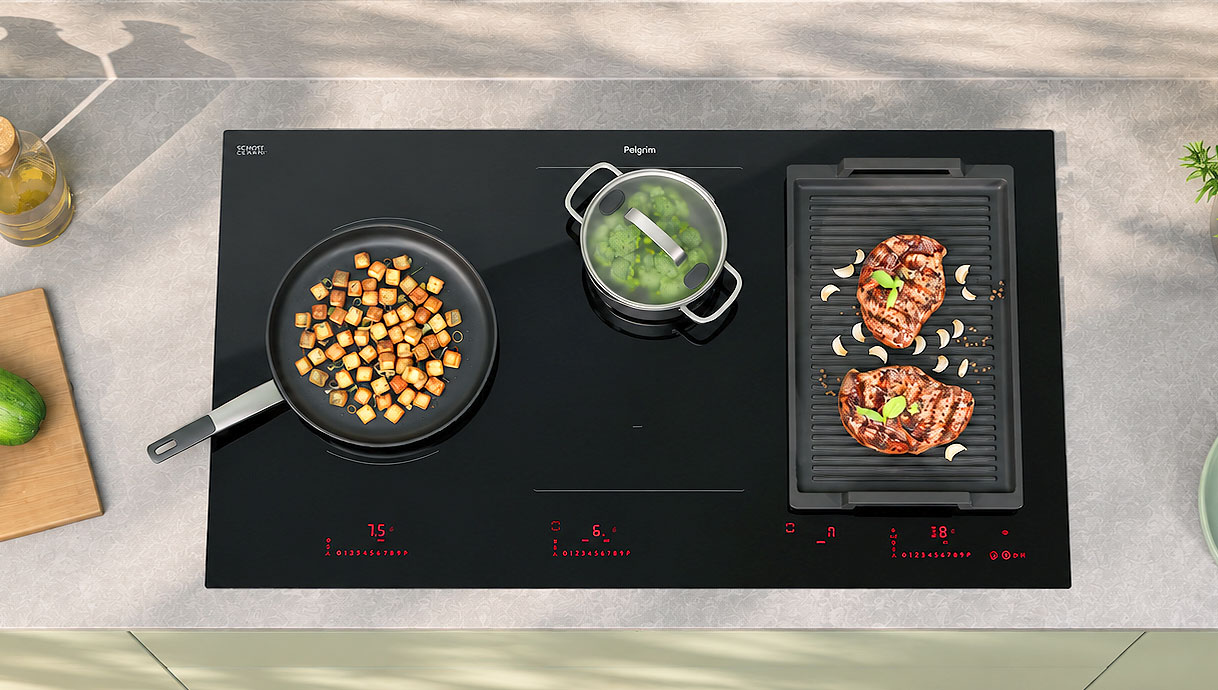 Pelgrim inductiekookplaat met koekenpan, pan broccoli en grillplaat met vlees