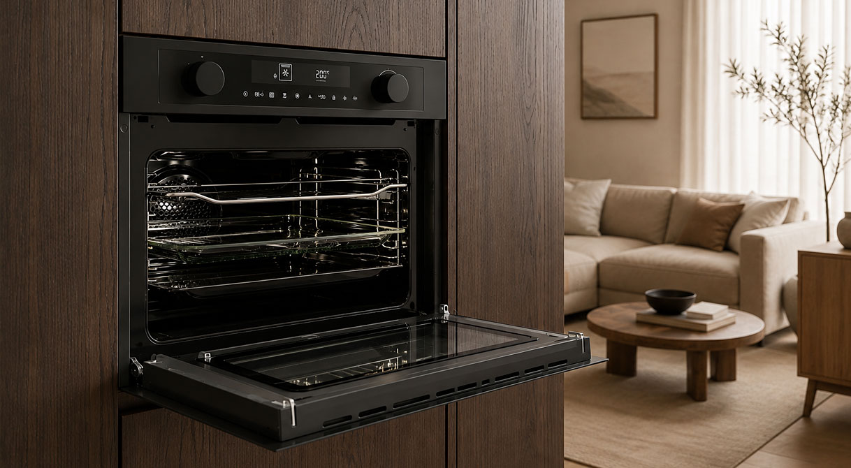 Pelgrim oven met magnetronfunctie en open deur, ingebouwd in een donkerbruine houten keukenkast.
