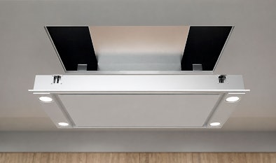 Pelgrim plafondunit afzuigkap met open kleppen en verlichting verwerkt in het plafond