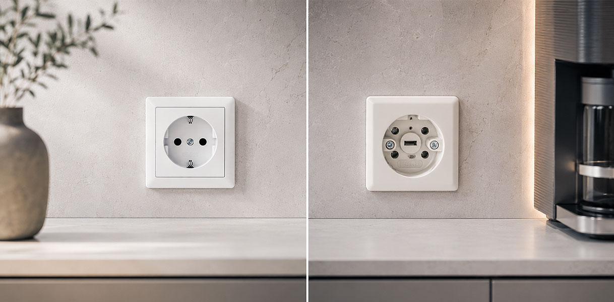 Gewoon stopcontact met twee openingen naast een Perilex-stopcontact met vijf openingen