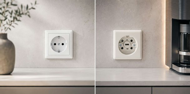 Gewoon stopcontact met twee openingen naast een Perilex-stopcontact met vijf openingen